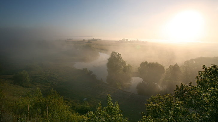 panorama, campo, fiume, nebbia, natura, Sfondo HD