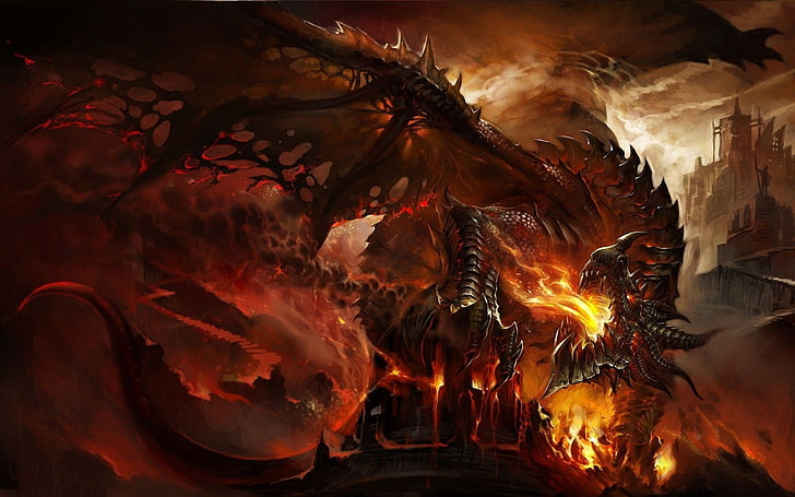 naga dengan ilustrasi nafas api, World of Warcraft, video game, naga, seni fantasi, Deathwing, Wallpaper HD