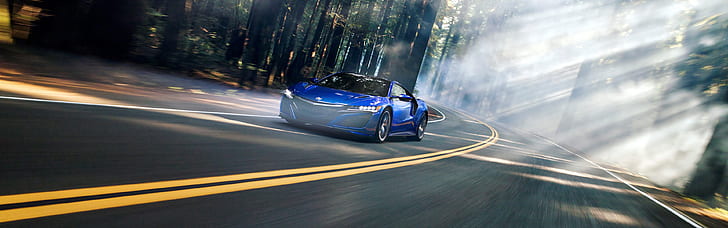 acura nsx road motion blur автомобиль транспортное средство лес двойной мониторы тумана множественный дисплей, HD обои