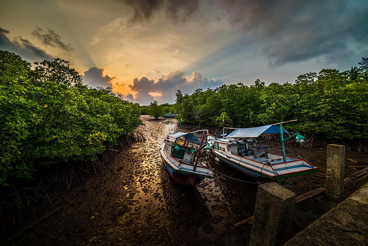 Sonnenstrahlen, Boot, Bäume, Fluss, Brücke, HD-Hintergrundbild