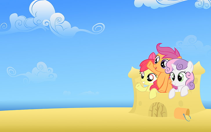 Fondo de pantalla de My Little Pony, My Little Pony, Sweetie Belle, scootaloo, Apple Bloom, cielo, arena, nubes, azul, amarillo, Fondo de pantalla HD