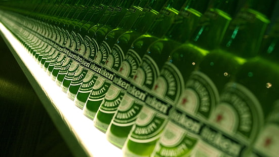 Heineken bottle lot, bottles, green, Heineken, Dutch, photography, beer, depth of field, alcohol, HD wallpaper HD wallpaper