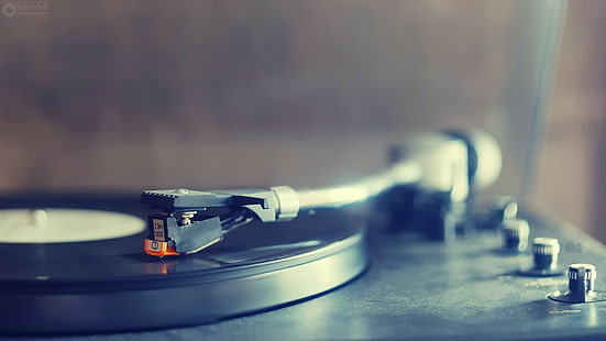 gray and black turntable, vinyl player read and write head in focus photography, gramophone, vinyl, music, HD wallpaper HD wallpaper