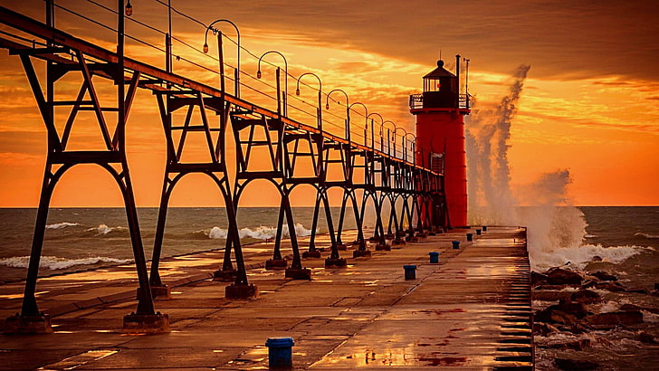 маяк, грандиозная гавань, Мичиган, США, США, волны, HD обои