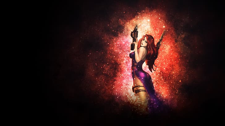 look, sexy, pose, weapons, the game, flash, game, red hair, evening dress, LOL, League Of Legends, Miss Fortune, Star Guardian, charming girl, Звездная защитница, HD wallpaper