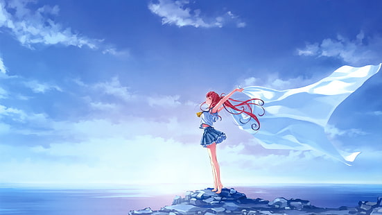 Djupblå himmel, hav, ren, vit duk, söt anime flicka, djupblå himmel, hav, ren, vit duk, söt anime flicka, HD tapet HD wallpaper
