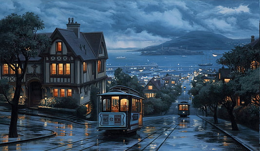 miasto, wybrzeże, krajobraz, deszcz, San Francisco, ulica, Tapety HD HD wallpaper