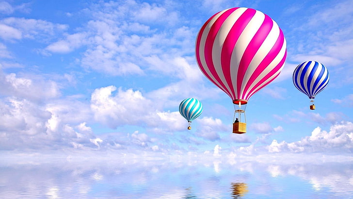 montgolfière, montgolfière, ciel, jour, art fantastique, nuage, ballon, dreamland, réflexion, eau, loisirs, Fond d'écran HD