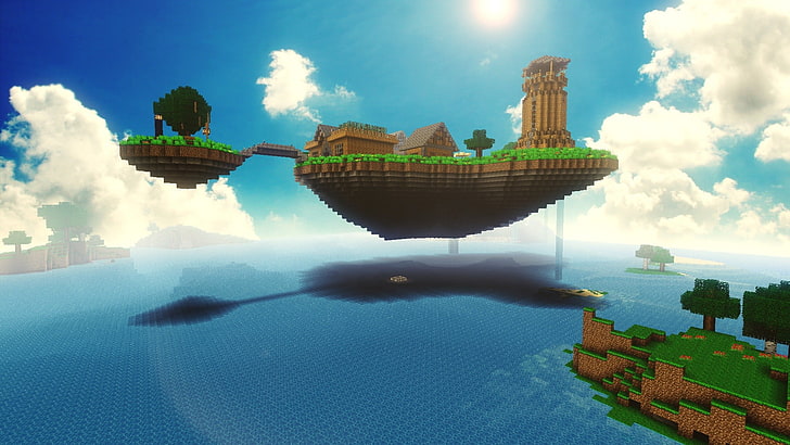 Minecraft скриншот, Minecraft, видеоигры, плавающий, плавающий остров, море, HD обои