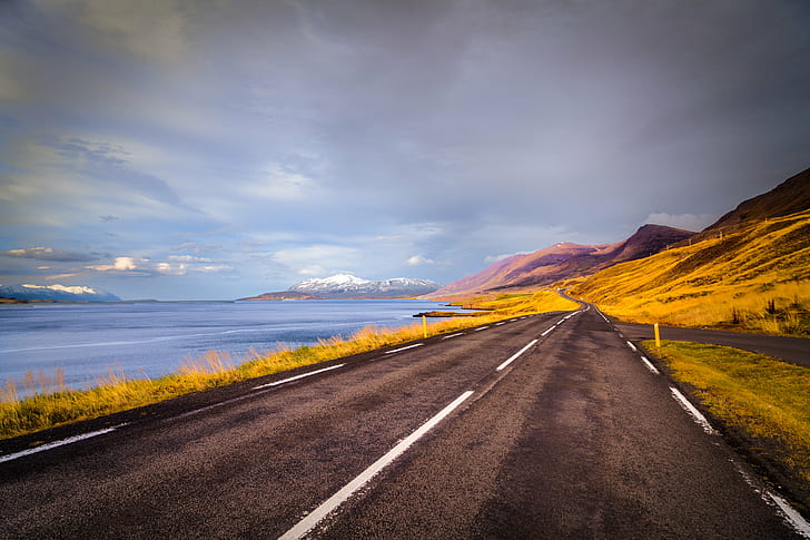 photo of a road near mountains and river, photo, road, mountains, river, Akureyri, iceland, islandia, nieve, snow, nature, landscape, mountain, outdoors, travel, sky, scenics, asphalt, highway, beauty In Nature, summer, cloud - Sky, rural Scene, no People, sunset, blue, sea, HD wallpaper