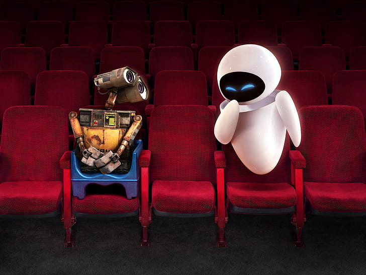 Wall E and EVE in Theater HD, movies, and, in, wall, e, eve, pixars, theater, HD wallpaper