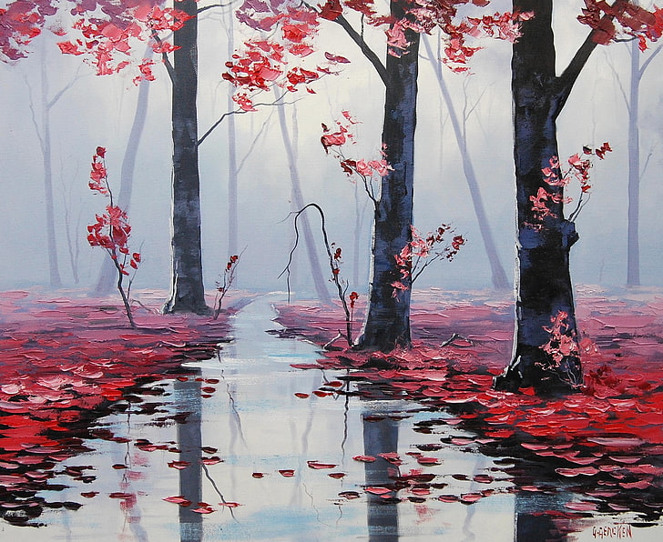 painting of maple trees, ART, FIGURE, ARTSAUS, PRETTY IN PINK, HD wallpaper