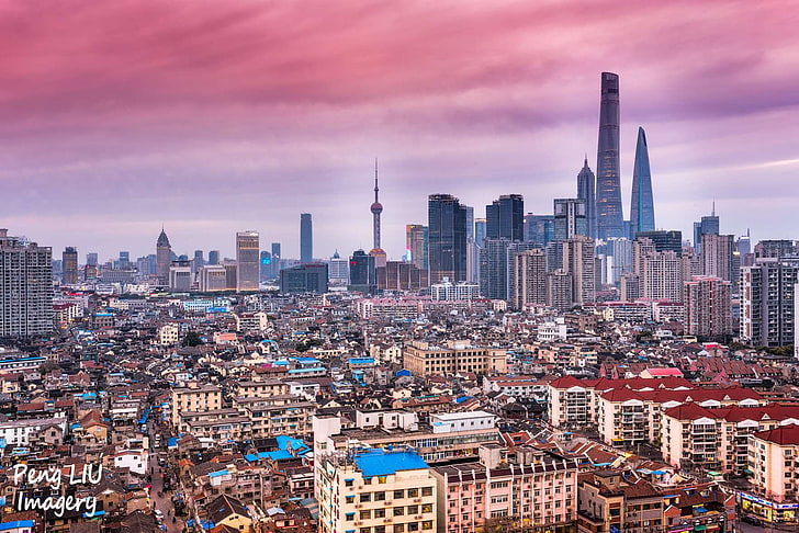 architecture, asia, asian, building, business, china, city, cityscape, colorful houses, dawn, shanghai, sunrise, sunset, travel, travel destinations, wide angle photography, HD wallpaper