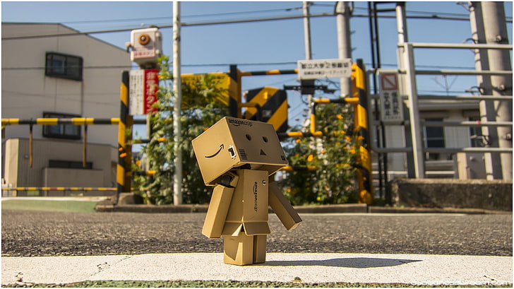 brown robot figure, Danbo, Amazon, cherry blossom, spring, Japan, Japanese, Tokyo, Osaka, HD wallpaper
