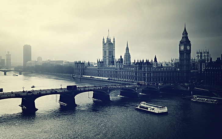 Big Ben, Londres, Londres, Big Ben, noche, río, edificio, vista superior, blanco negro, Fondo de pantalla HD