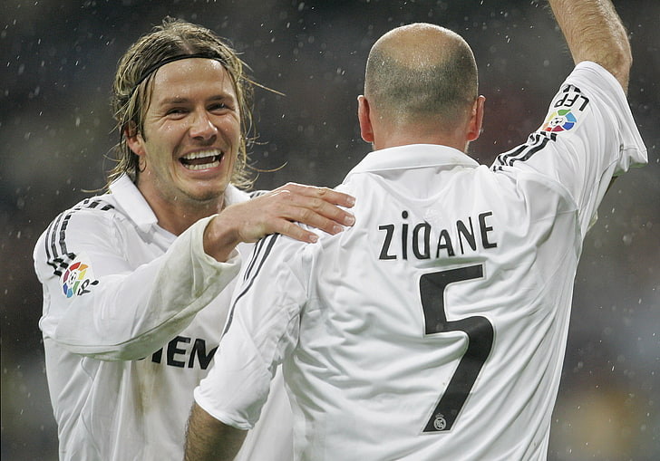 men's white and black polo shirt, Sport, Football, David Beckham, Real Madrid, Zinedine Zidane, Zizou, Legends, HD wallpaper