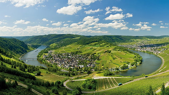 Germany, Mosel, houses, river, fields, trees, mountains, clouds, Germany, Mosel, Houses, River, Fields, Trees, Mountains, Clouds, HD wallpaper HD wallpaper