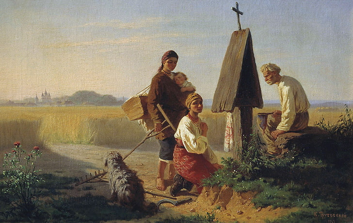 kwiaty, olej, pies, krzyż, studnia, płótno, 1863, chłopi, Zgromadzenie w kościele, Konstantin TRUTOWSKI, Tapety HD