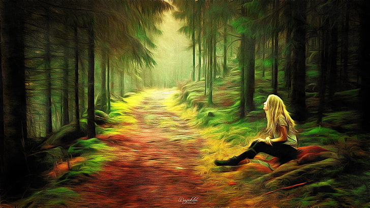 жена седи до пътя, заобиколен от дървета живопис, живопис, гора, HD тапет