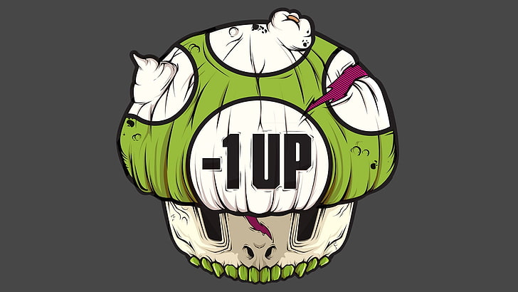 green and white 1 UP mushroom illustration, evil, evil mushroom, Super Mario, HD wallpaper