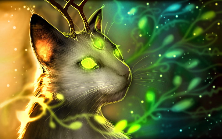 white cat with green eyes and brown antler wallpaper, fantasy art, cat, antlers, glowing, green eyes, HD wallpaper