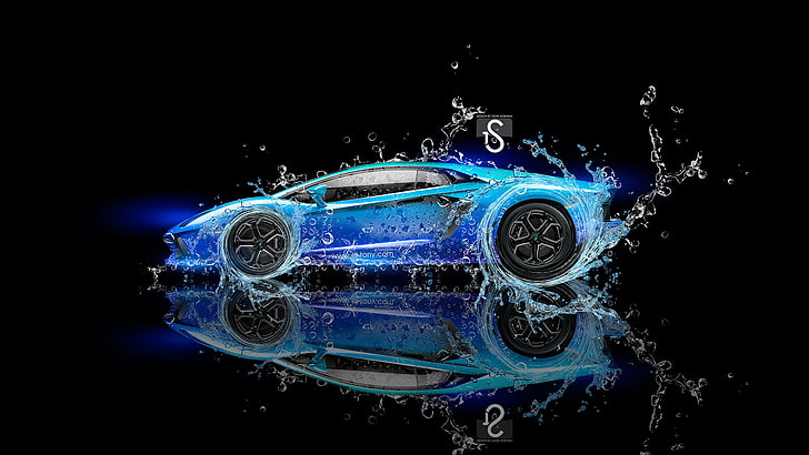 blue sports coupe with splash water illustration, Water, Black, Lamborghini, Neon, Background, Blue, Fantasy, Photoshop, design, Aventador, Effects, el Tony Cars, Tony Kokhan, HD wallpaper