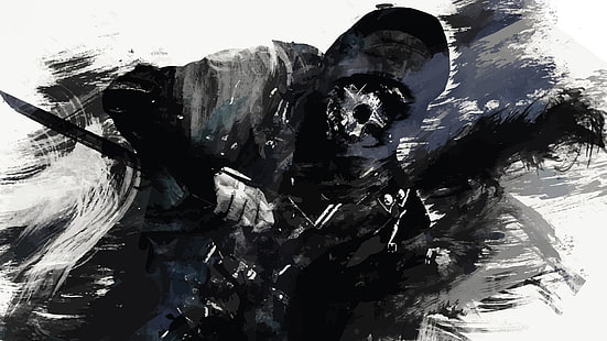 Grim Reaper обои, человек, живопись, Dishonored, видеоигры, монохромный, меч, зарисовки, Corvo Attano, HD обои HD wallpaper