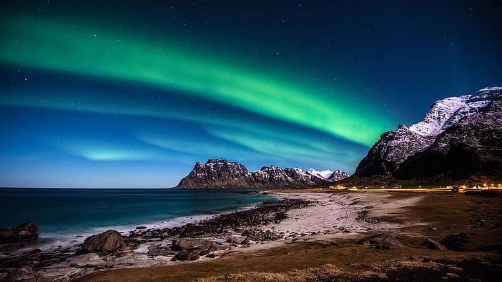 lampu kutub, langit, atmosfer, aurora borealis, laut, pantai, pantai, lofoten, lanskap, norwegia, waktu malam, langit malam, malam, Wallpaper HD