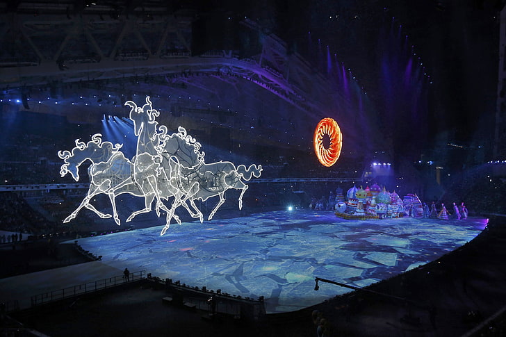 the sun, the city, magic, mechanism, horses, ice, horse, show, the scenery, three, Russian, RUSSIA, view, Sochi 2014, The opening ceremony of the XXII Winter Olympic Games, Sochi 2014 olympic winter games, the stadium fischt, HD wallpaper