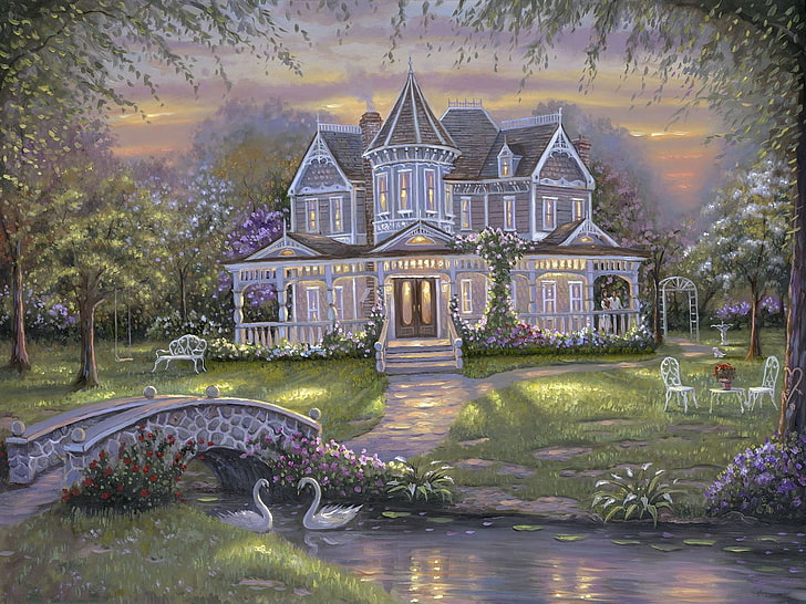 gray 2-storey house near trees artwork, flowers, bridge, nature, house, pond, people, garden, painting, Robert Finale, swans, art, mansion, HD wallpaper