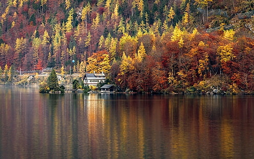 природа, пейзаж, езеро, къща, гора, Халщат, Австрия, дървета, падане, вода, цветно, HD тапет HD wallpaper