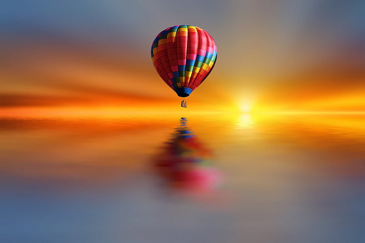 różowy, niebieski i żółty balon na gorące powietrze, jezioro, styl, farba, piłka, powietrze, Josep Sumalla, Tapety HD