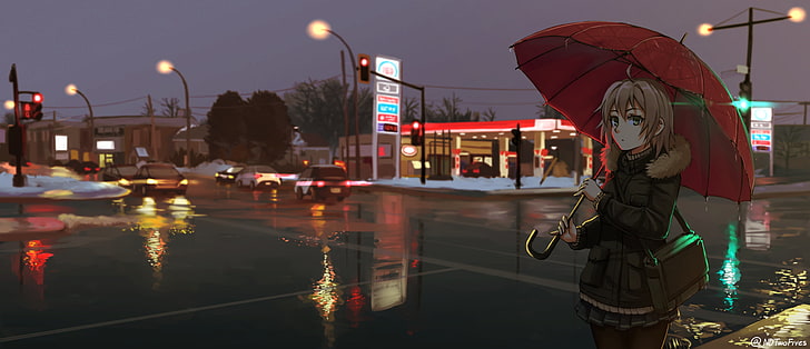 ombrellone nero e rosso, ombrellone, capelli corti, cielo, macchina, pioggia, Sfondo HD