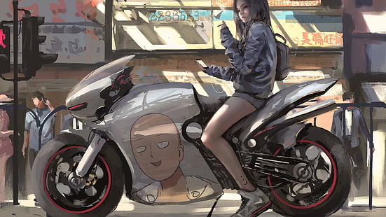 gray sports bike illustration, Game CG, One-Punch Man, WLOP, HD wallpaper HD wallpaper