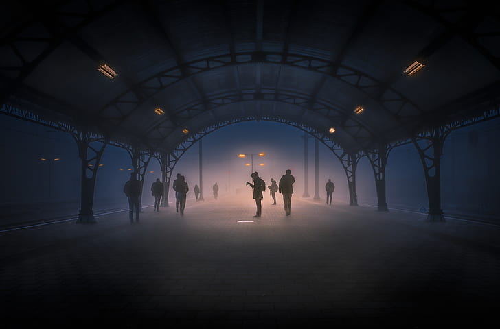 light, fog, people, station, lantern, Silence, melancholy, HD wallpaper