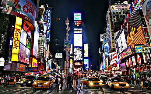 タイムズスクエアニューヨーク市タクシー車交通通り、 HDデスクトップの壁紙 HD wallpaper