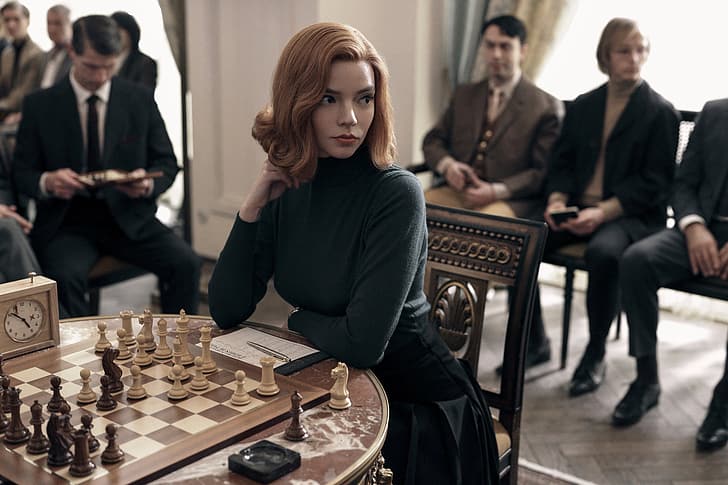 Anya Taylor-Joy, women, actress, shoulder length hair, film stills, redhead, chess, group of people, sitting, HD wallpaper