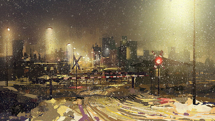 Railroad Streetlight Snow Winter Drawing HD, digital/artwork, drawing, snow, winter, railroad, streetlight, HD wallpaper