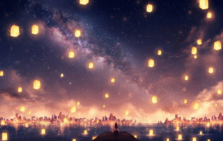 anime, meninas anime, estrelas, céu, lanterna, HD papel de parede