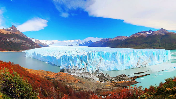 Amazing Perito Moreno Glacier Argentina, mountains, glacier, bushes, clouds, nature and landscapes, HD wallpaper
