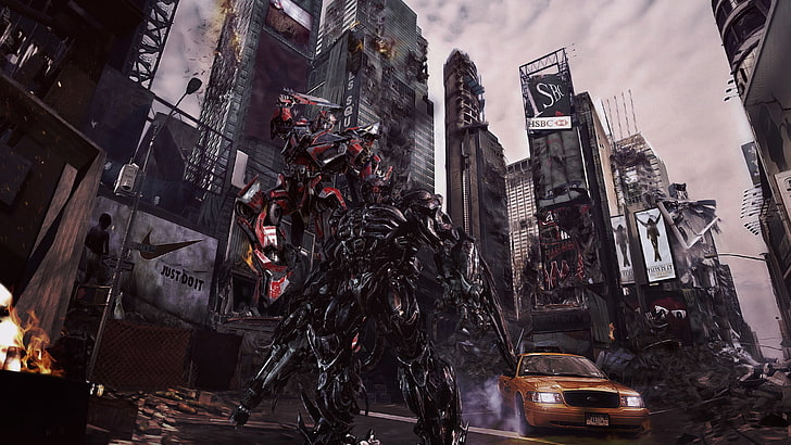 robot monster wallpaper, the city, transformers, destroyed, transformers 3, Optimus Prime, Decepticon, HD wallpaper