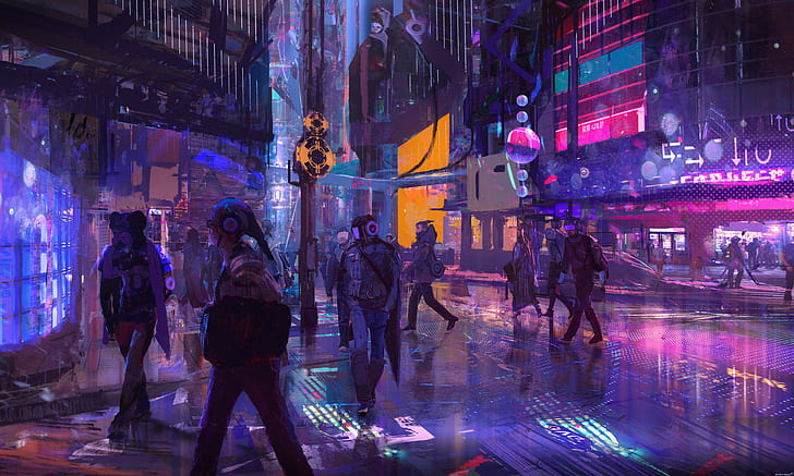karya seni, cyberpunk, hujan, malam, perkotaan, neon, Wallpaper HD