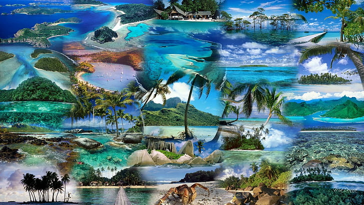 Isl Beauties、ビーチと島の絵画、ヤシの木、熱帯、泳ぐ、美しい、水、木、熱帯、海、ボート、青、島、ビーチ、ラグーン、 HDデスクトップの壁紙