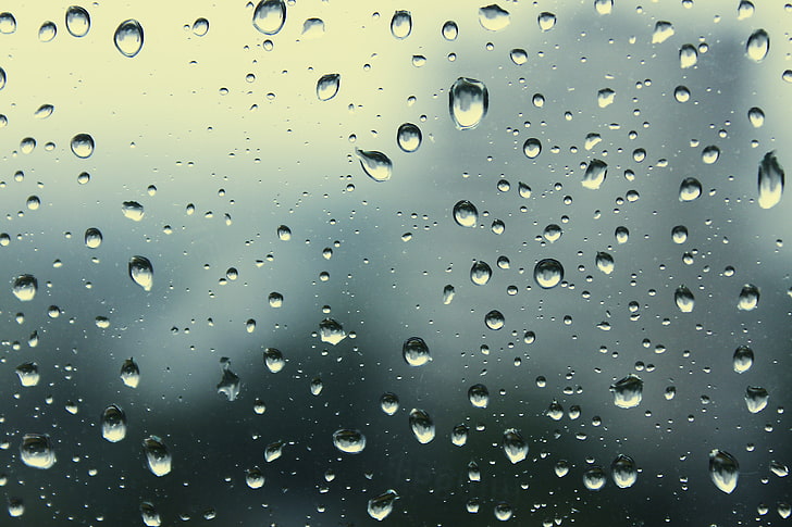 dew drops, glass, drops, overcast, window, Rain, HD wallpaper