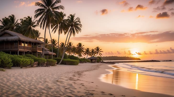 puesta de sol, playa, rayos de sol, 4K, cocos, casa, mar, agua, disfrutar, Fondo de pantalla HD