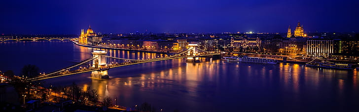 Дунай, Цепной мост Сечени, ночь, огни, Будапешт, Венгрия, Дунай, Река, Сечени, Цепь, Мост, ночь, огни, Будапешт, Венгрия, HD обои