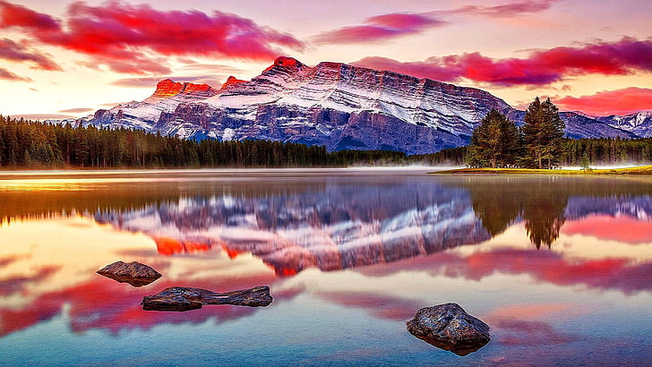 góra scenerii, stany zjednoczone, alberta, park narodowy Banff, jezioro dwa jack, bank, spokój, zima, park narodowy, wschód słońca, odbicie, krajobraz, poranek, świt, góra, jezioro, woda, niebo, natura, Tapety HD