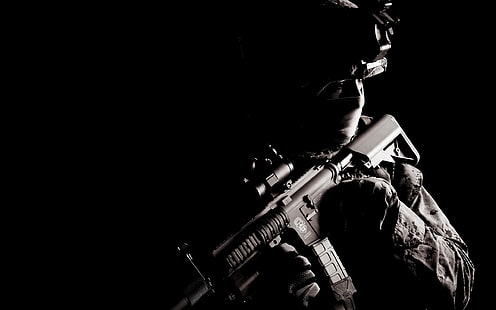 fucile d'assalto grigio, armi, sfondo, soldati, Sfondo HD HD wallpaper