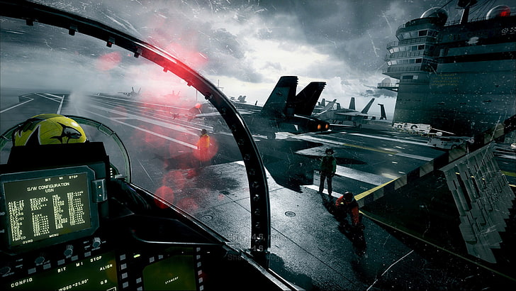 wallpaper digital pesawat hitam, Battlefield 3, video game, kapal induk, militer, McDonnell Douglas F / A-18 Hornet, kokpit, Wallpaper HD