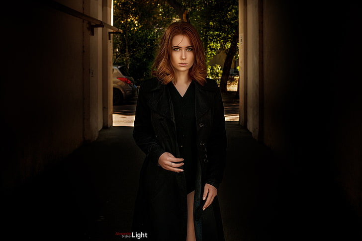 women, portrait, redhead, black clothing, black coat, HD wallpaper